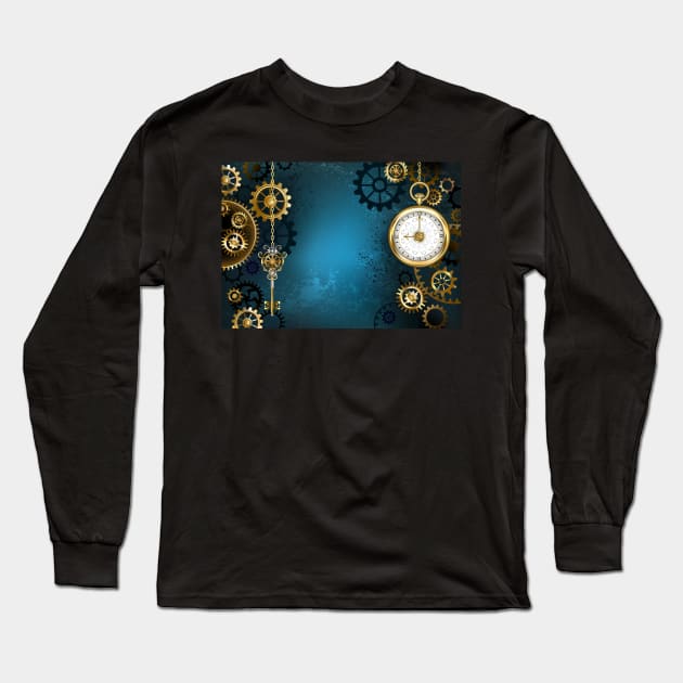 Turquoise Background with Gears ( Steampunk ) Long Sleeve T-Shirt by Blackmoon9